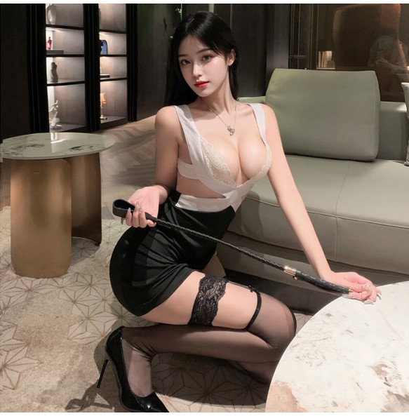 FEE ET MOI - Sultry Deep V Secretary Outfit (White - Black)